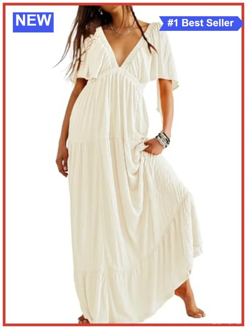 Women's Sexy V-Neck Maxi Dress Tiered Ruffle Flutter Sleeve Backless Elastic